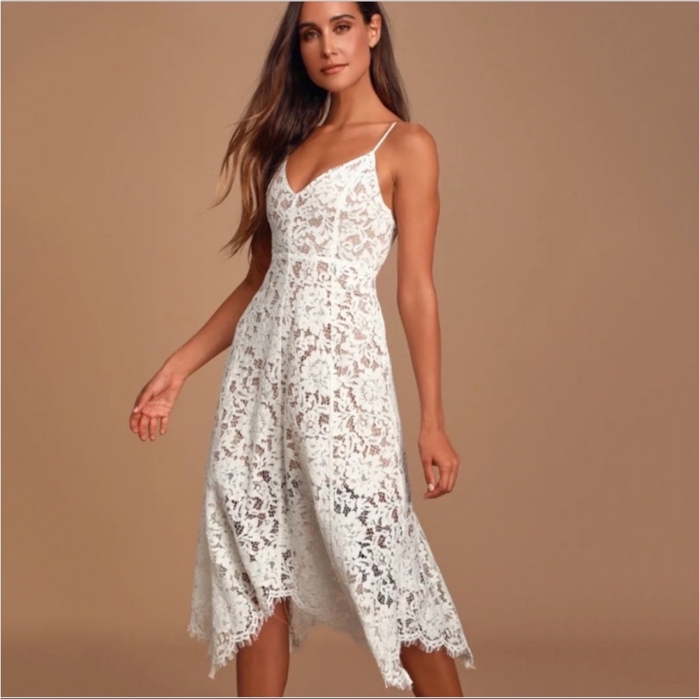 One Wish white lace midi dress | Lulu's